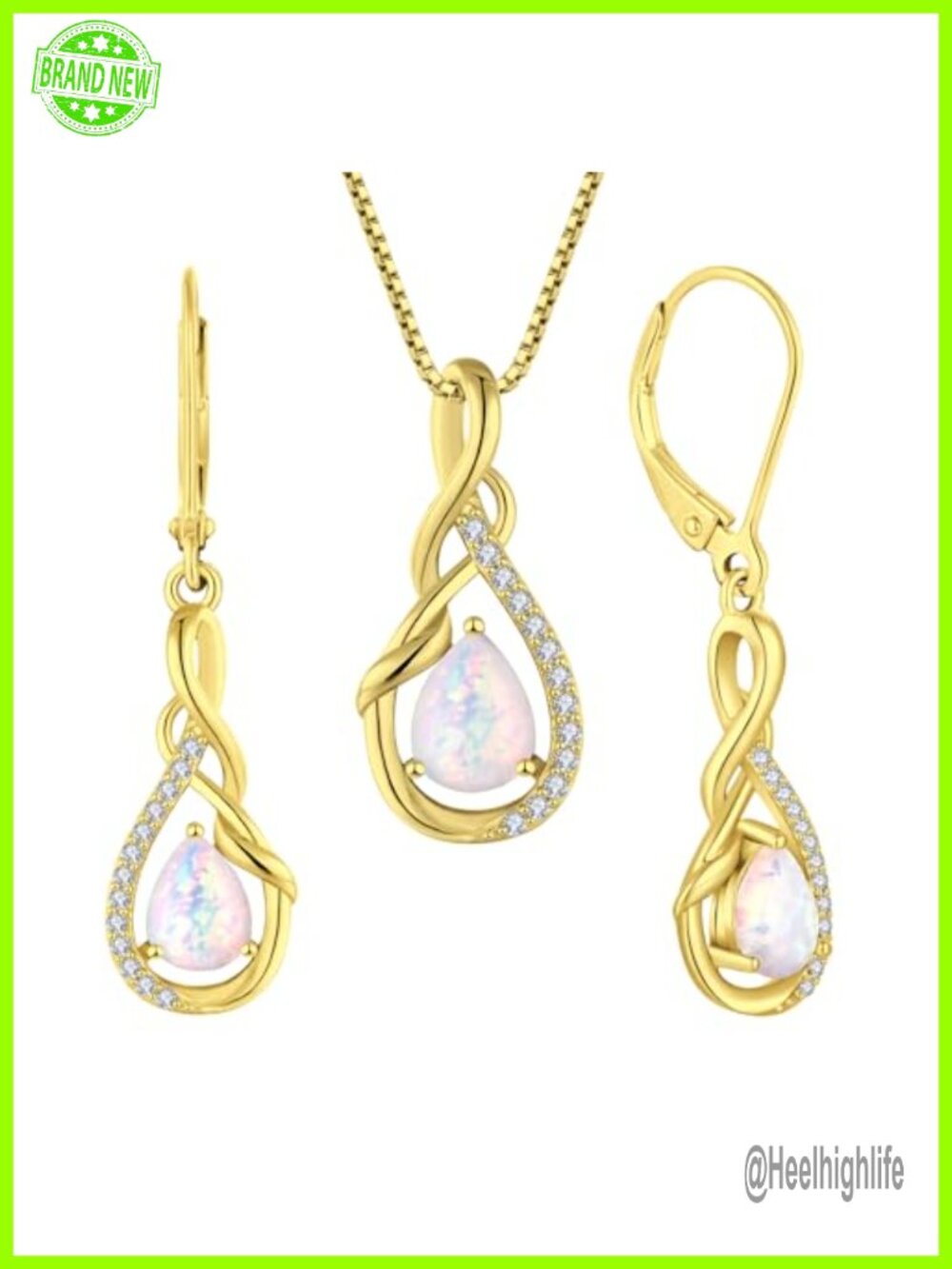 925 Sterling Silver 14K Gold Plated Opal Necklace Earrings Jewelry Set